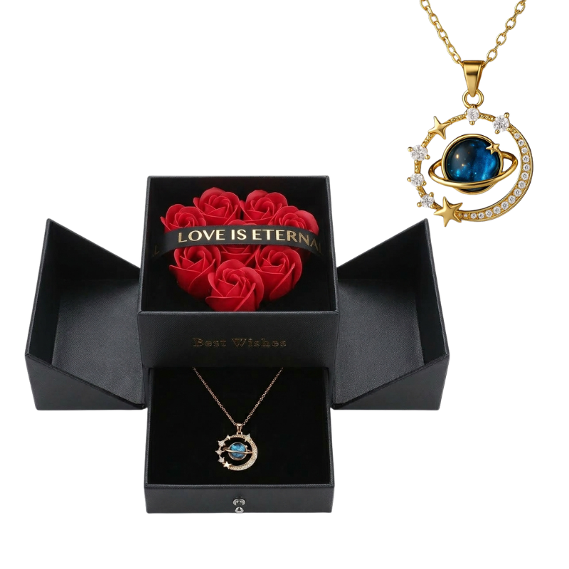 Joyero negro con 9 rosas eternas rojas y collar Saturno dorado de piedra azul