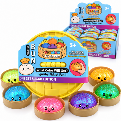 Squishy Dumpling Sorpresa Antiestrés con Brillantina, en su Vaporera de Juguete