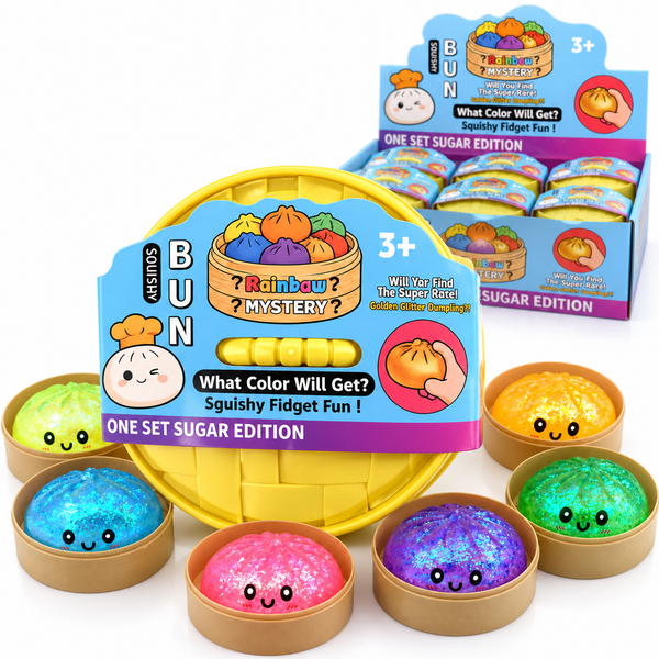 Squishy Dumpling Sorpresa Antiestrés con Brillantina, en su Vaporera de Juguete