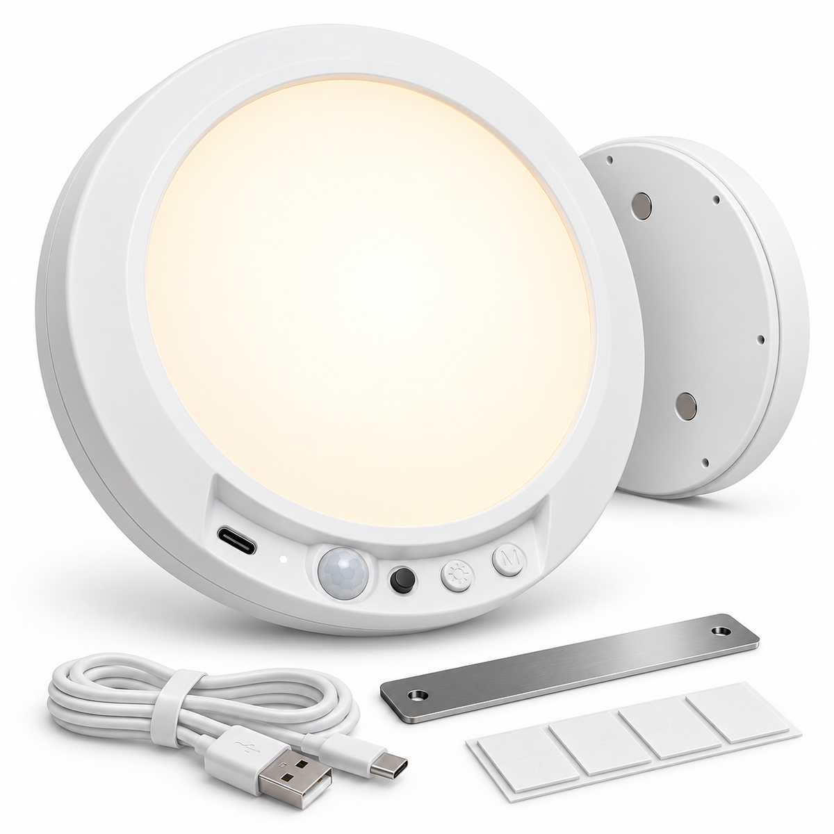 Lámpara de techo LED con su cable USB-C, la placa de hierro y los adhesivos