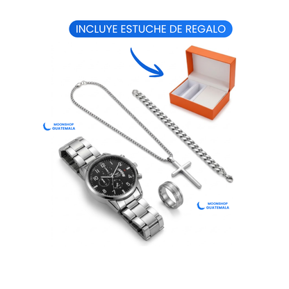 Set de Reloj para Hombre con Pulsera, Collar  y Anillo –  Plateado