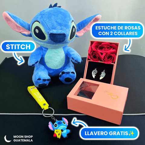 Combo Día del Cariño con estuche de rosas, collares de corazón y Stitch gratis