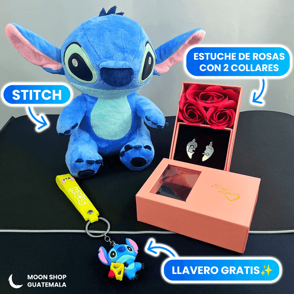 Combo Día del Cariño: Rosas, 2 Collares de Corazón y Stitch con Llavero de Regalo