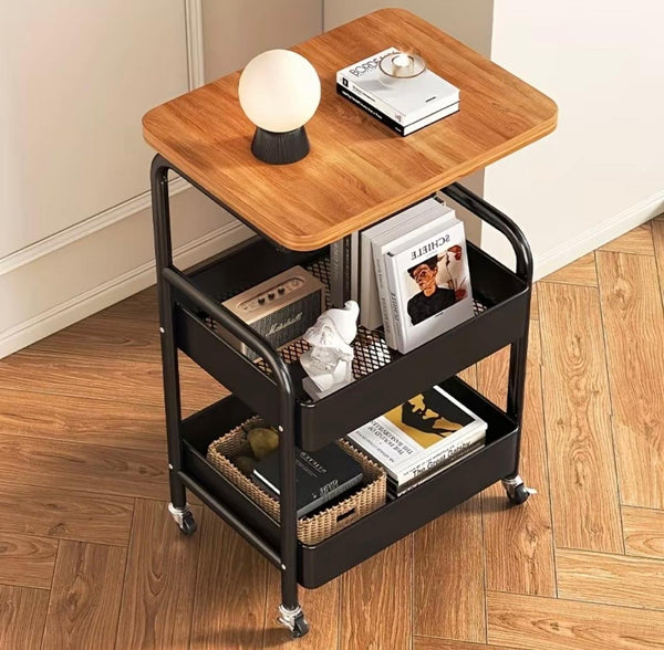 Carrito Organizador de 3 Niveles con Ruedas y Tapa de Madera