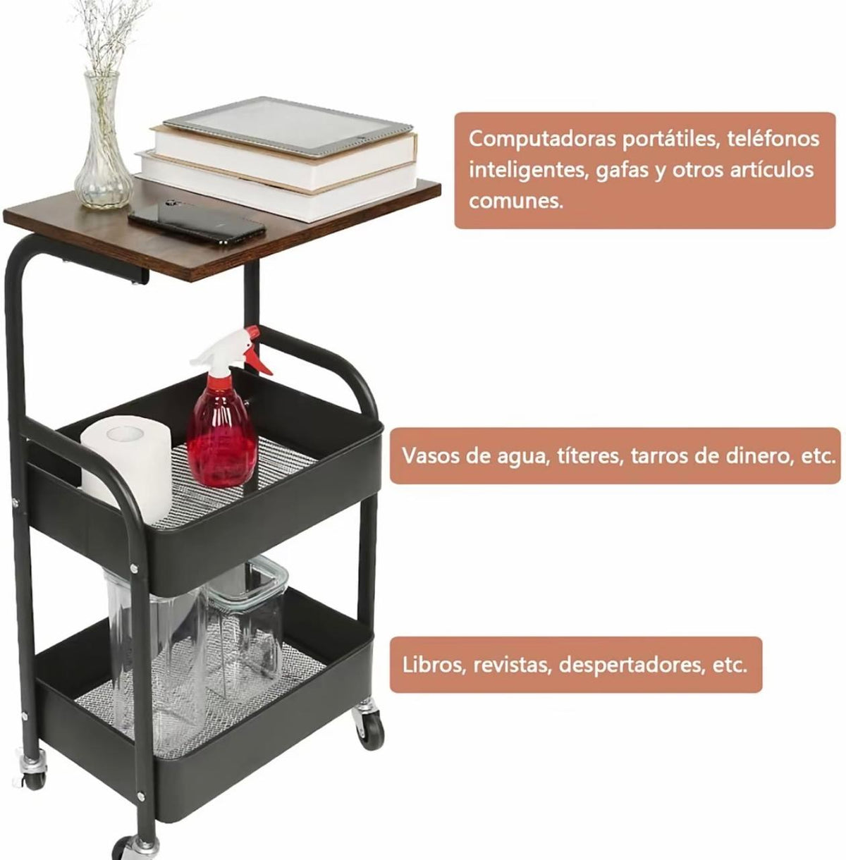 Qué guardar en cada nivel del carrito organizador: computadora arriba, vasos y libros abajo