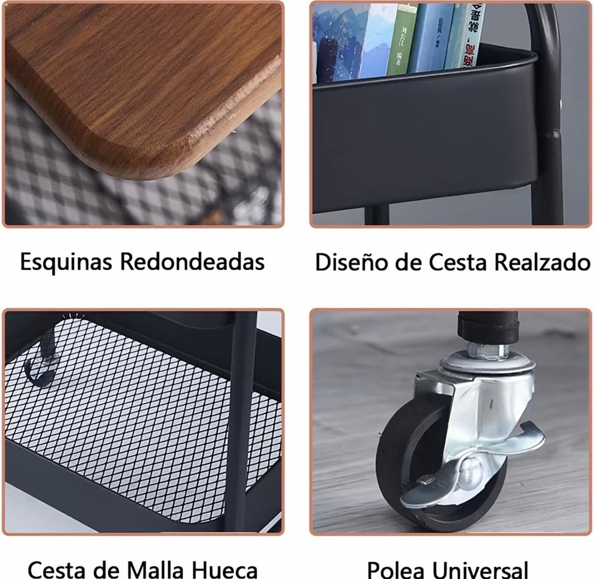 Detalles del carrito organizador: esquinas redondeadas, canasta de malla y rueda giratoria con freno