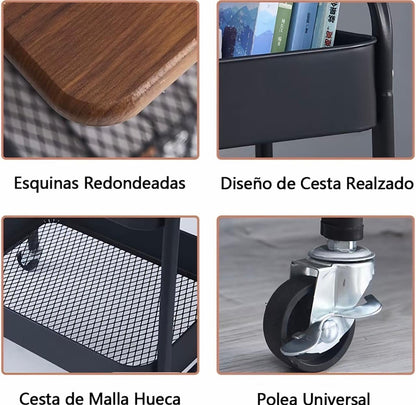 Detalles del carrito organizador: esquinas redondeadas, canasta de malla y rueda giratoria con freno