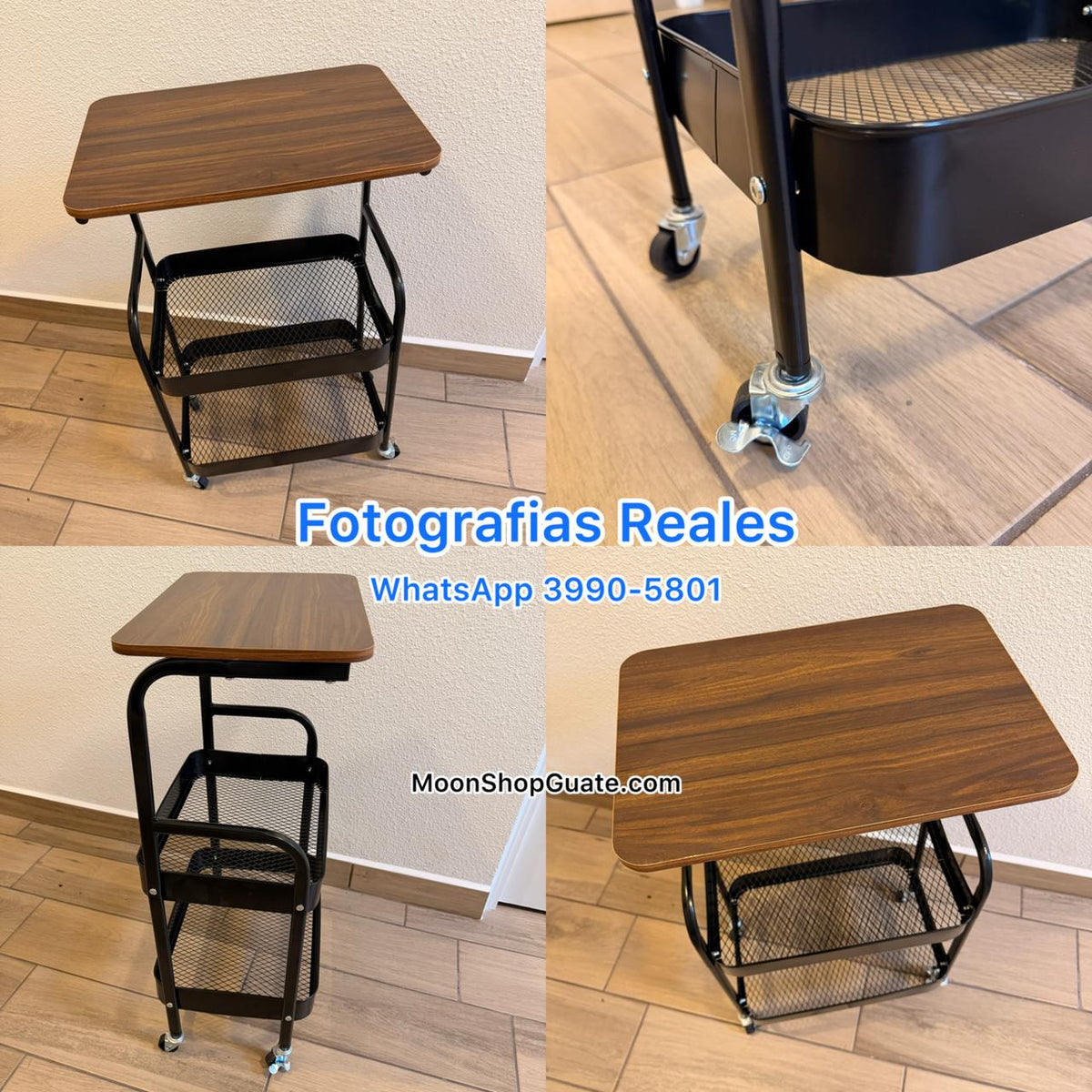 Fotografías reales del carrito organizador negro con tapa de madera, tomadas por Moon Shop