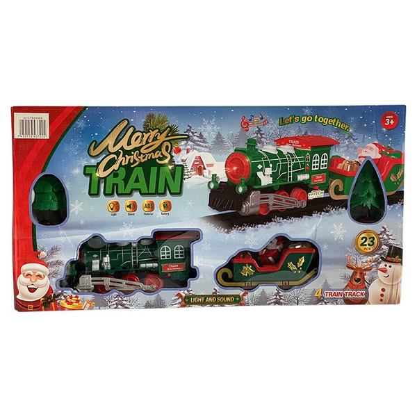 Tren navideño con luces multicolor encendidas, en su caja de 23 piezas