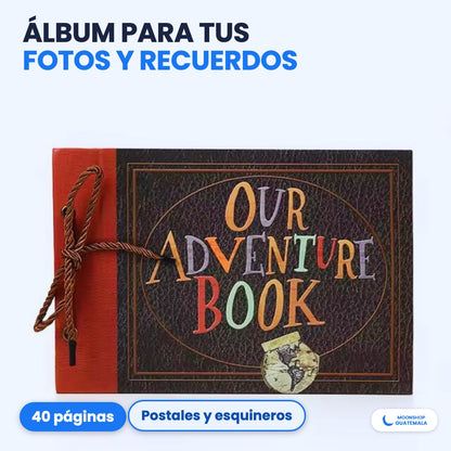 Álbum de fotos Our Adventure Book con portada café de letras de colores, lomo coral y cordón, estilo de la película Up