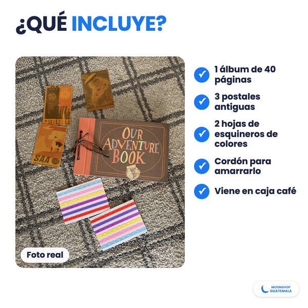 Qué incluye el álbum Our Adventure Book: álbum de 40 páginas, 3 postales antiguas, 2 hojas de esquineros de colores, cordón y caja café