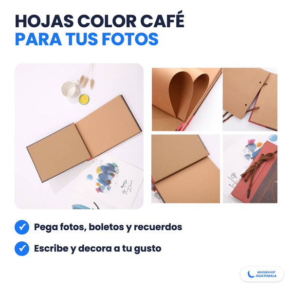 Páginas color café del álbum Our Adventure Book para pegar fotos, boletos y recuerdos