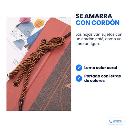 El álbum Our Adventure Book se amarra con un cordón café, como un libro antiguo