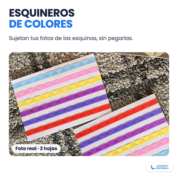 Las 2 hojas de esquineros de colores que trae el álbum para sujetar las fotos sin pegarlas