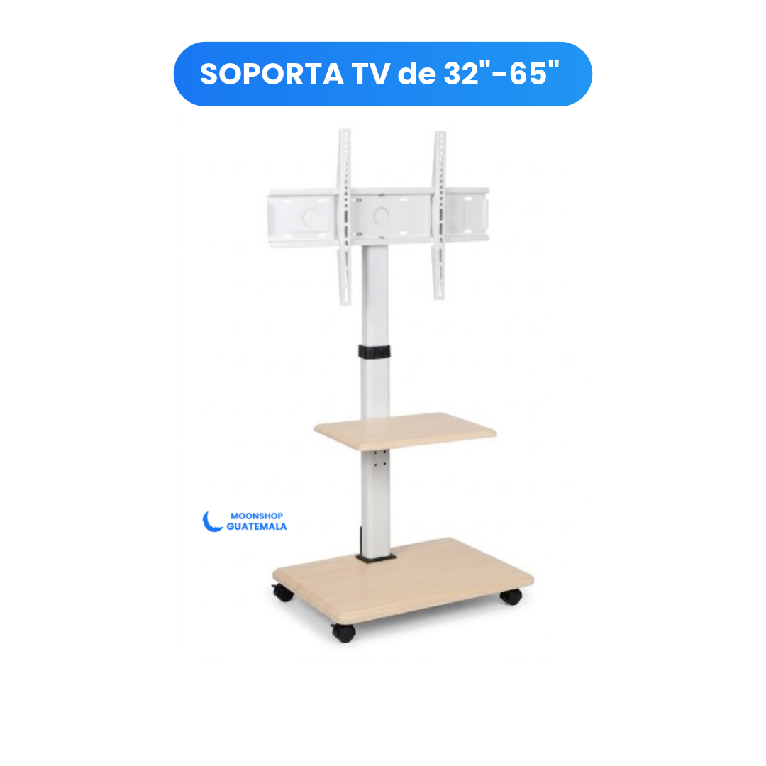 Soporte Móvil de Piso para TV de 32" a 65" con Ruedas – con Repisa  y Estilo Nórdico (Blanco y Madera Clara)