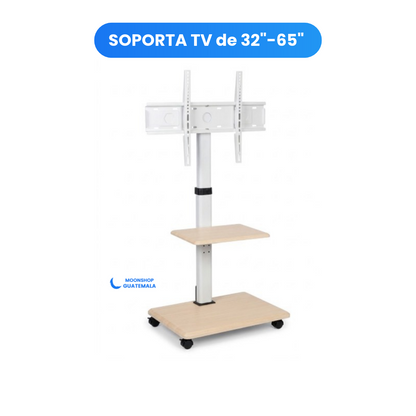 Soporte Móvil de Piso para TV de 32" a 65" con Ruedas – con Repisa  y Estilo Nórdico (Blanco y Madera Clara)