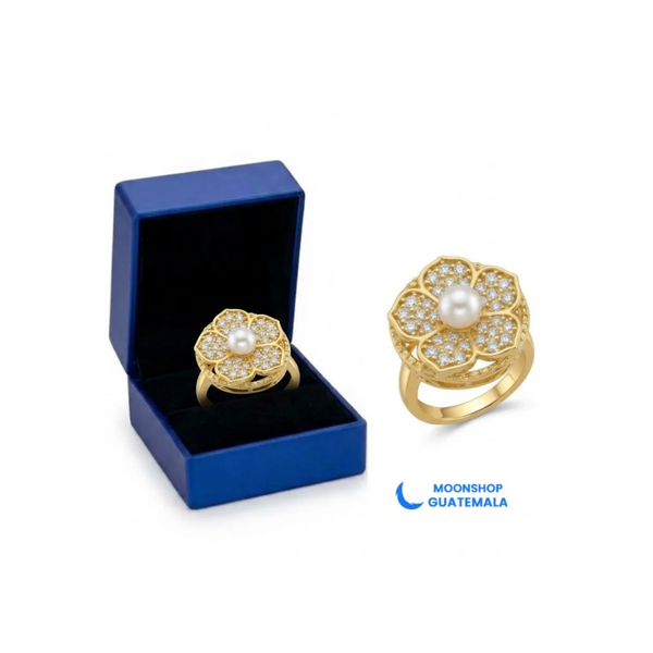 Anillo Antiestrés Giratorio Flor con Perla y Cajita de Regalo