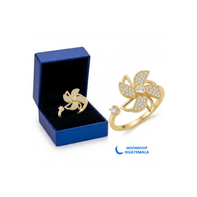Anillo Antiestrés Giratorio de Molinillo con Microcirconias, Dorado y con Caja de Regalo