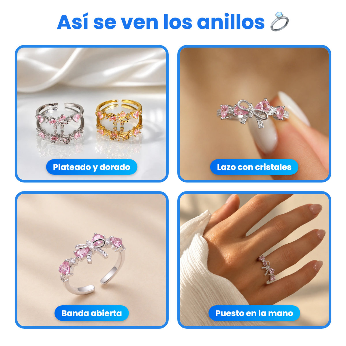 Así se ven los anillos de mejores amigas: plateado y dorado, lazo con cristales rosados y banda abierta