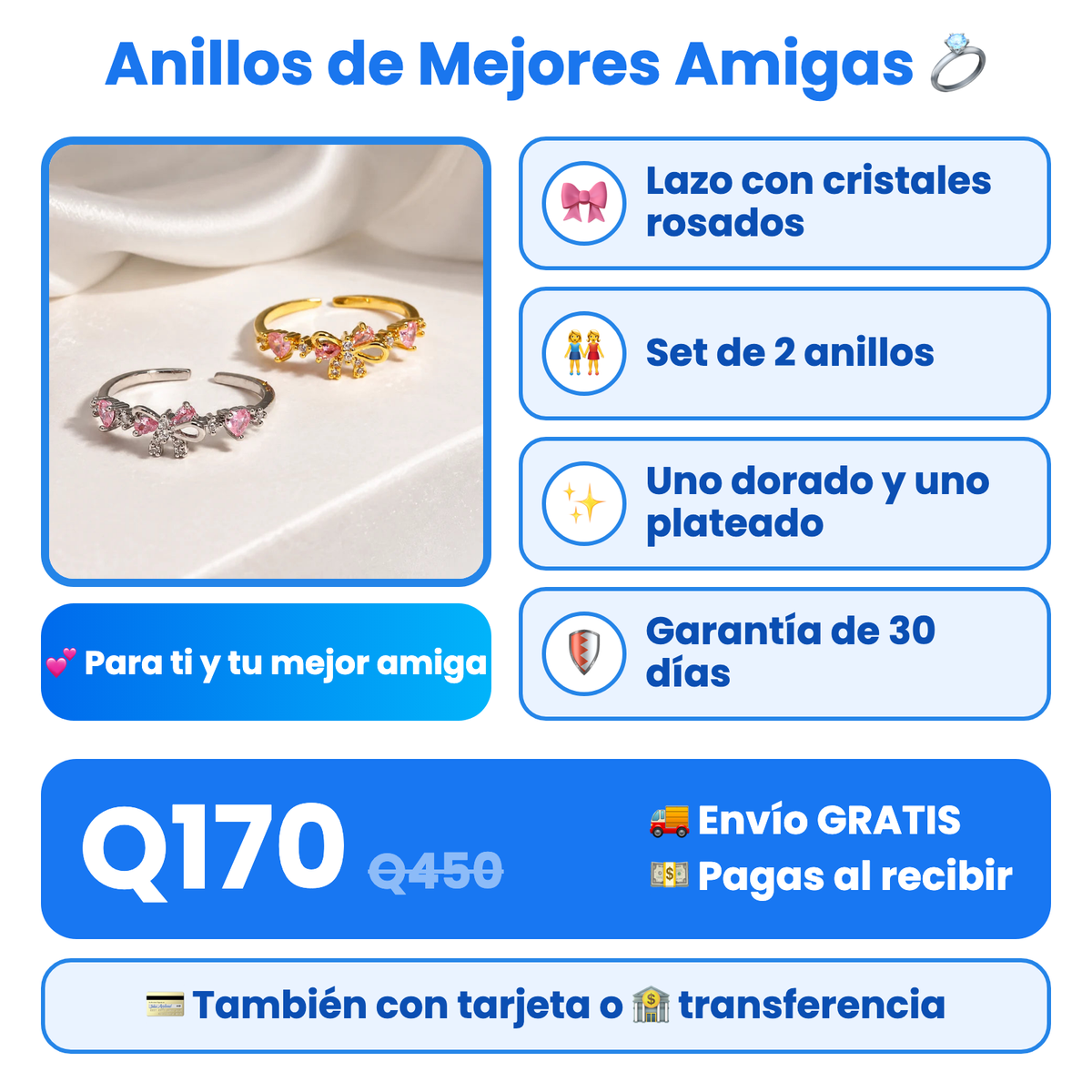 Anillos de mejores amigas en set de 2 con lazo y cristales rosados: precio y envío gratis