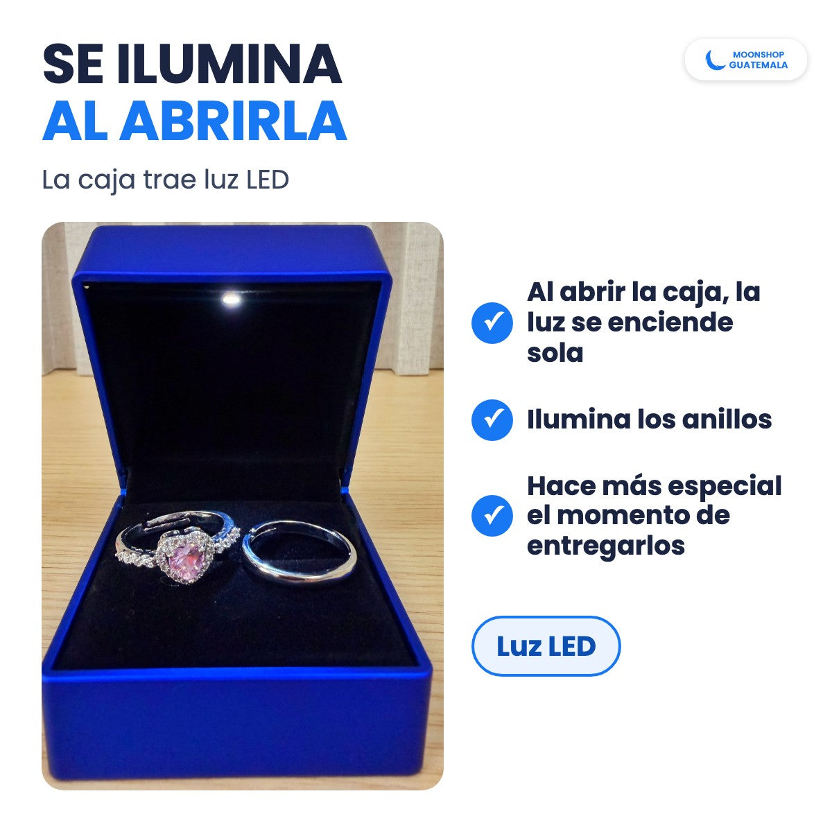 Caja azul de los anillos para parejas con luz LED que se enciende sola al abrirla