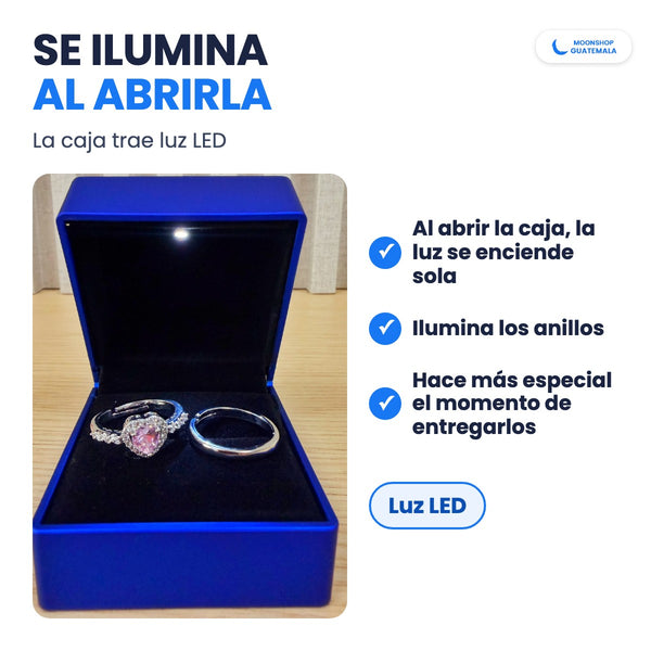 Caja azul de los anillos para parejas con luz LED que se enciende sola al abrirla