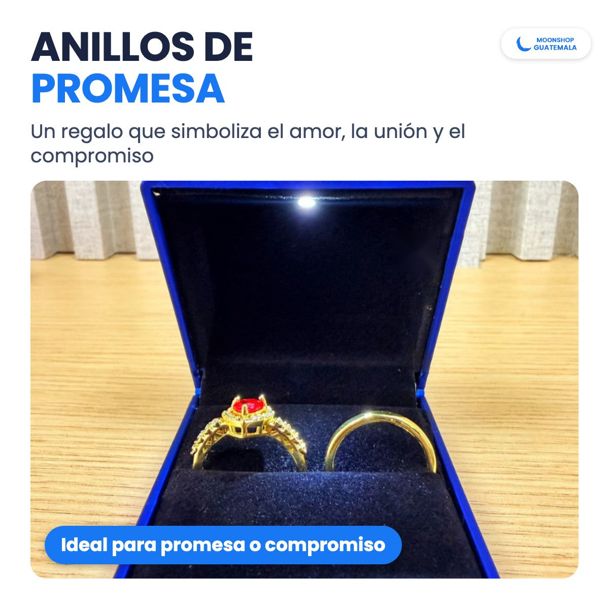 Anillos para parejas dorados en su caja azul con la luz LED encendida, ideales como anillos de promesa o compromiso