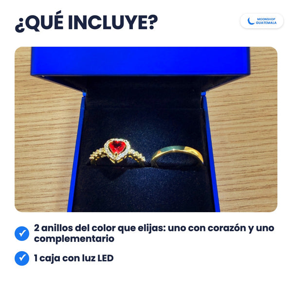 Qué incluyen los anillos para parejas: 2 anillos del color que elijas y 1 caja con luz LED