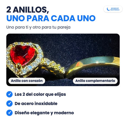 Par de anillos para parejas de cerca: un anillo con diseño de corazón y un anillo complementario