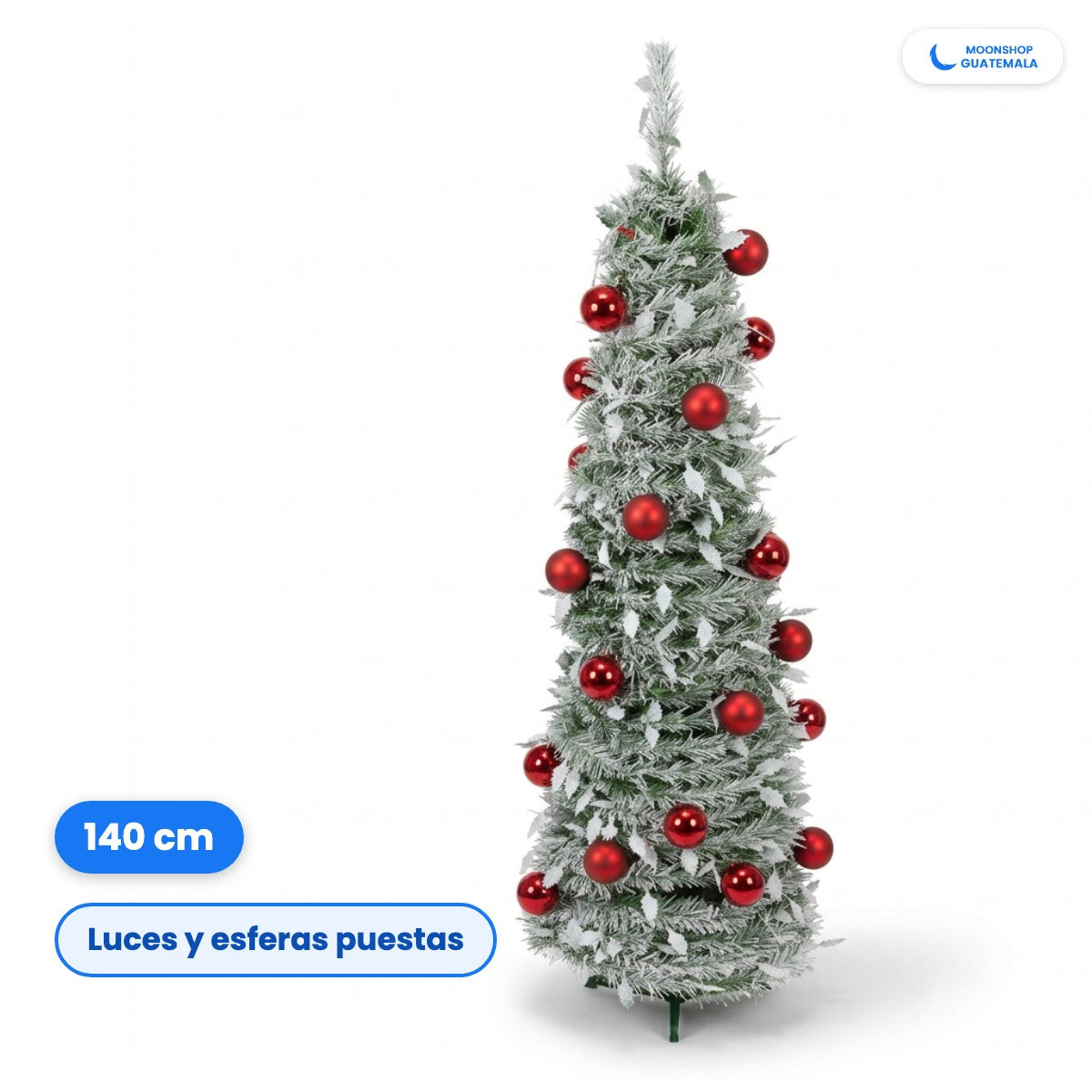 Árbol de Navidad nevado desplegable de 140 cm con luces y esferas rojas puestas, fondo blanco