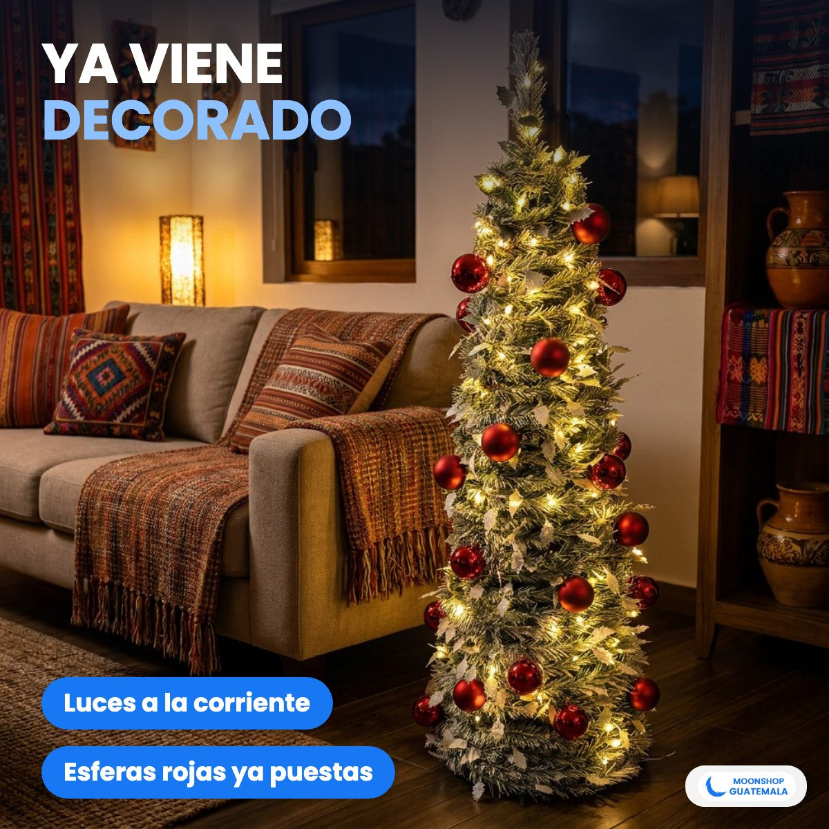 Árbol de Navidad nevado de 140 cm encendido con sus luces a la corriente en una sala