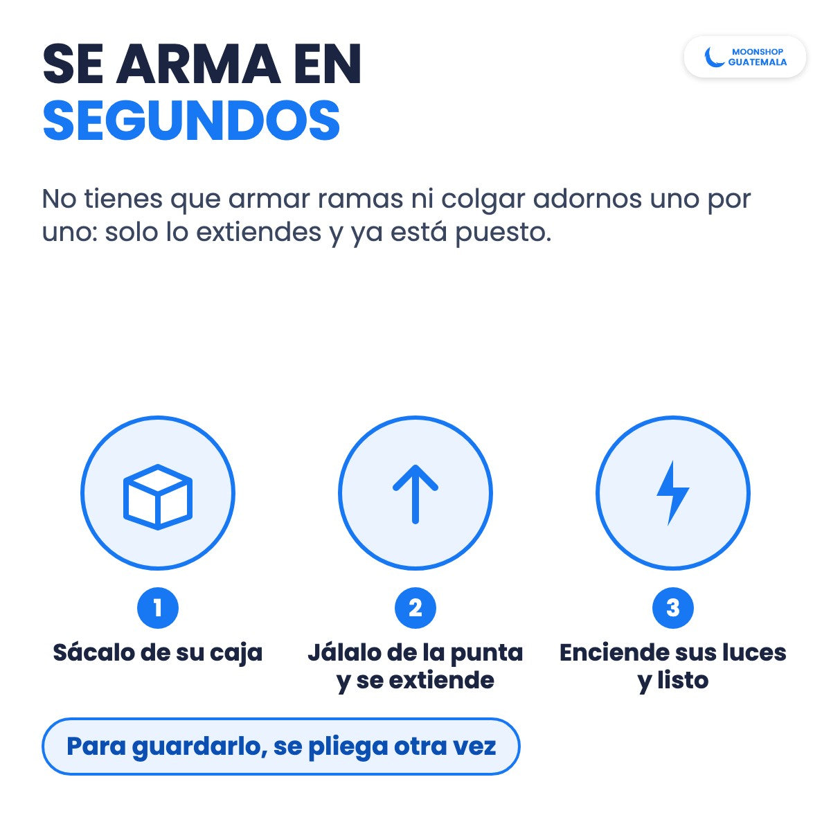 Cómo se arma el árbol desplegable: se saca de la caja, se jala de la punta y se encienden las luces