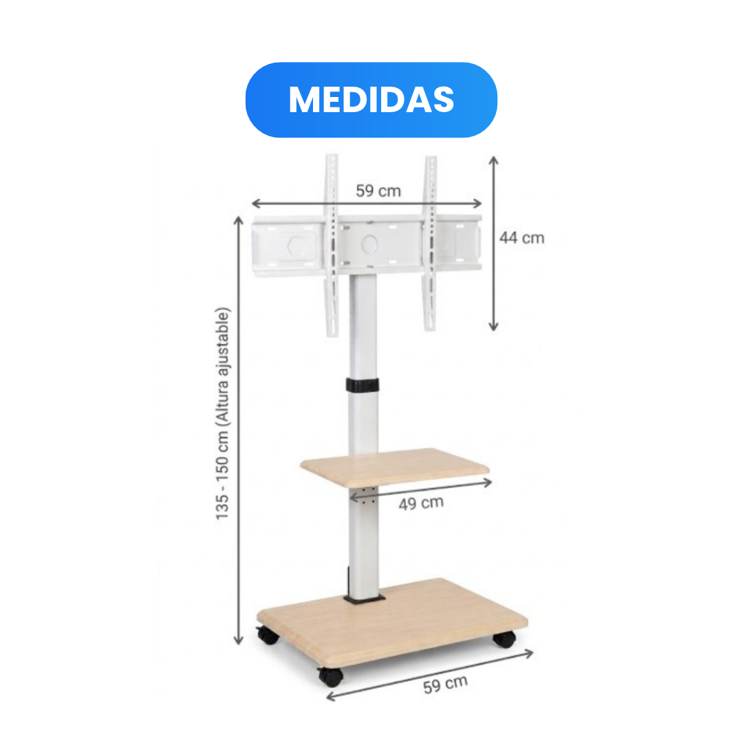 Soporte Móvil de Piso para TV de 32" a 65" con Ruedas – con Repisa  y Estilo Nórdico (Blanco y Madera Clara)