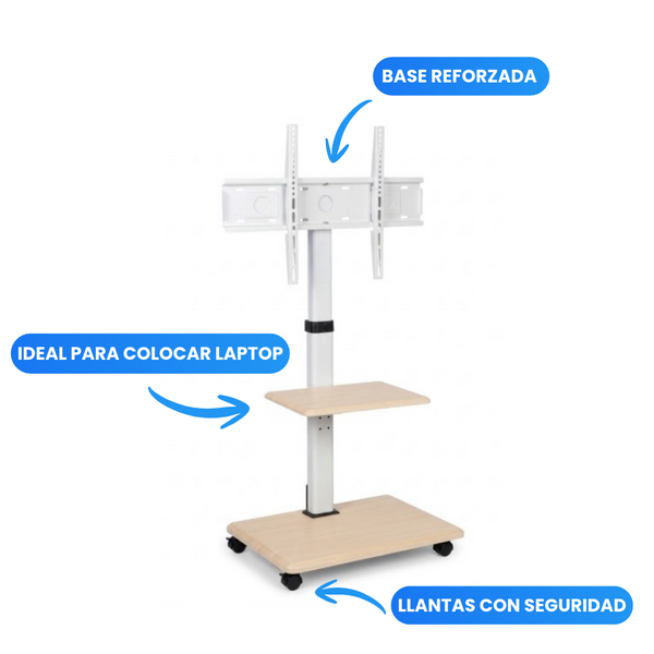 Soporte Móvil de Piso para TV de 32" a 65" con Ruedas – con Repisa  y Estilo Nórdico (Blanco y Madera Clara)