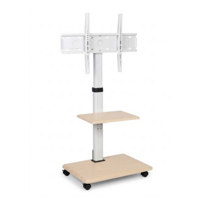 Soporte Móvil de Piso para TV de 32" a 65" con Ruedas – con Repisa  y Estilo Nórdico (Blanco y Madera Clara)