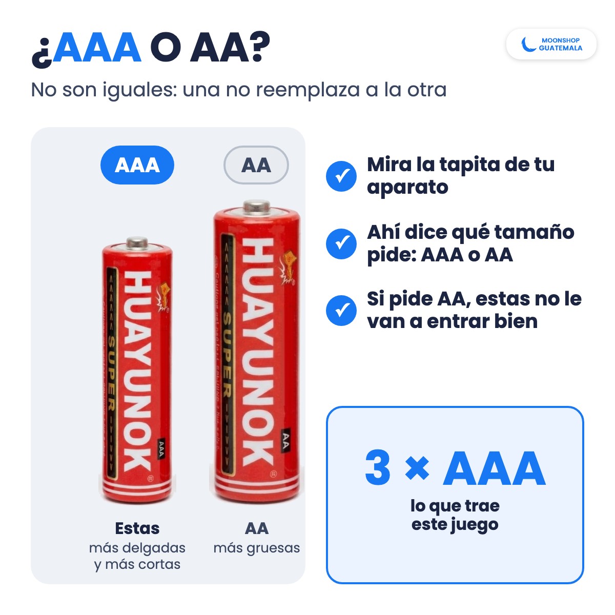 Diferencia entre baterías AAA y AA: la AAA es más delgada y más corta