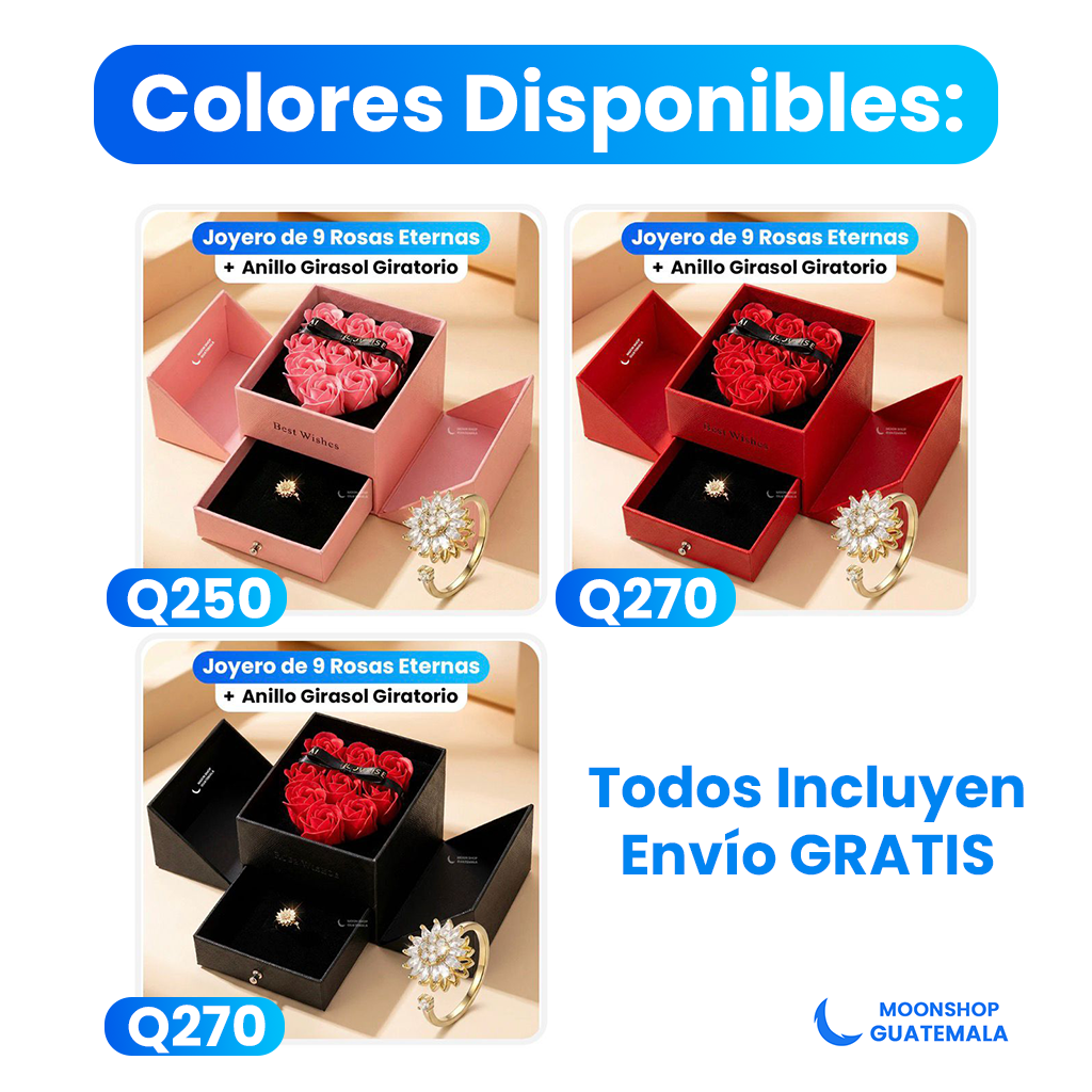 COMBO 💝 Joyero de 9 Rosas Eternas + Anillo Girasol Giratorio 🌻