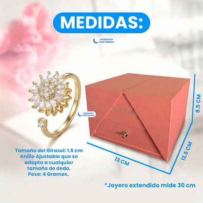 COMBO 💝 Joyero de 9 Rosas Eternas + Anillo Girasol Giratorio 🌻