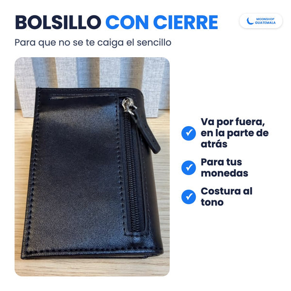 Bolsillo con cierre por fuera, en la parte de atrás de la billetera, para las monedas