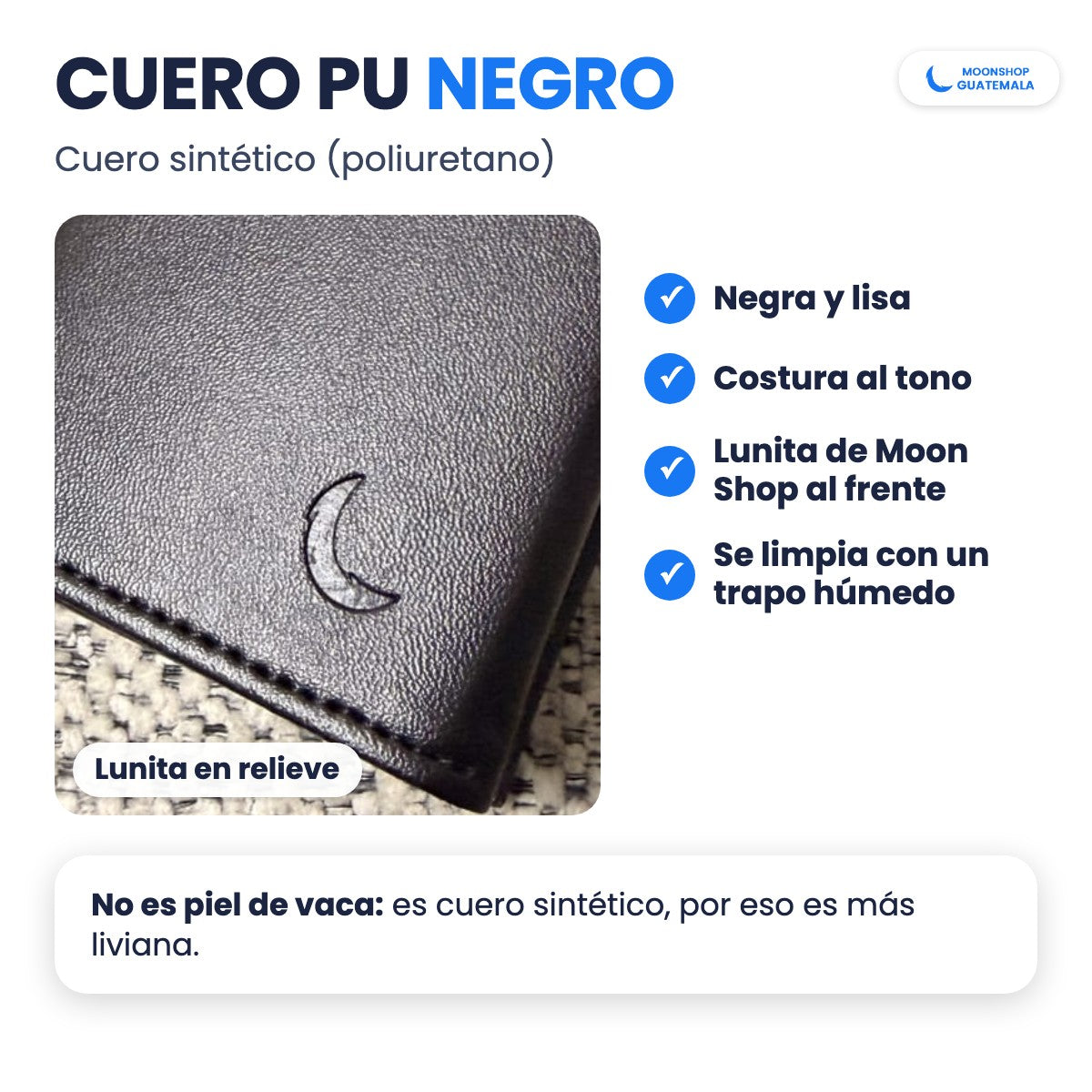 Billetera de cuero PU negro, cuero sintético con costura al tono y la lunita de Moon Shop en relieve