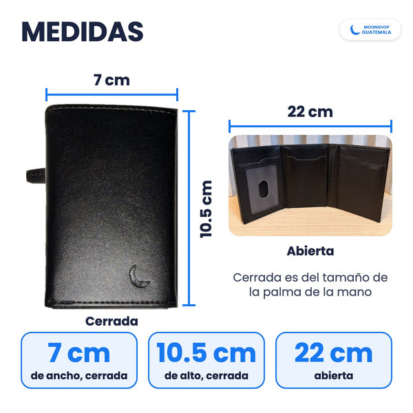 Medidas de la billetera: cerrada 7 cm de ancho y 10.5 cm de alto, abierta 22 cm