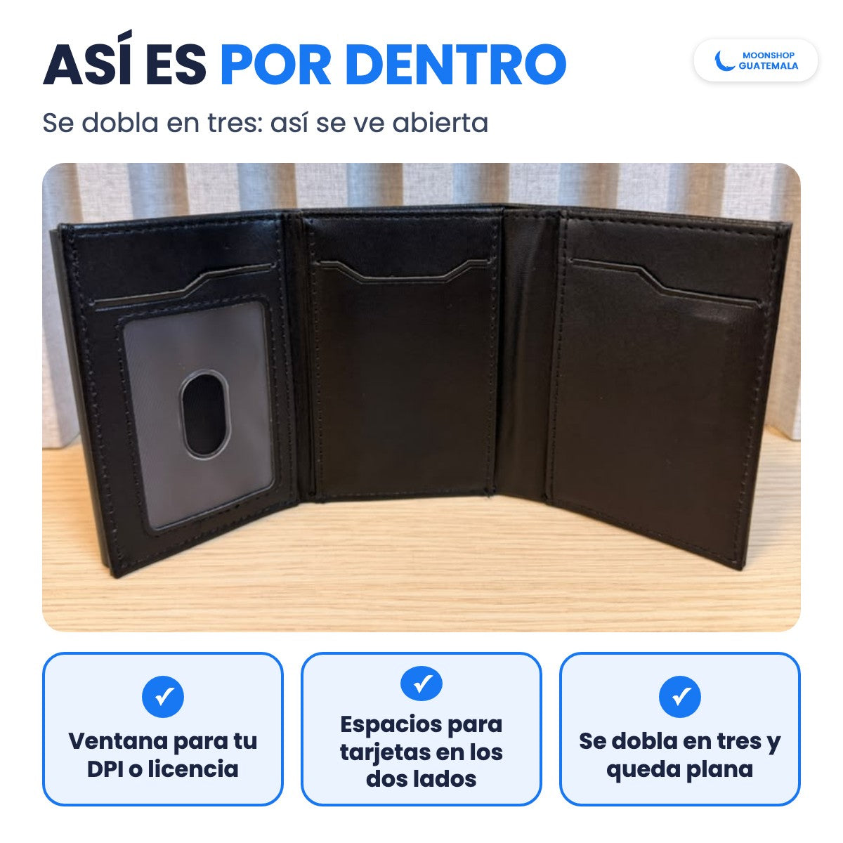 Billetera abierta en tres partes: ventana transparente para el DPI o la licencia y espacios para tarjetas en los dos lados
