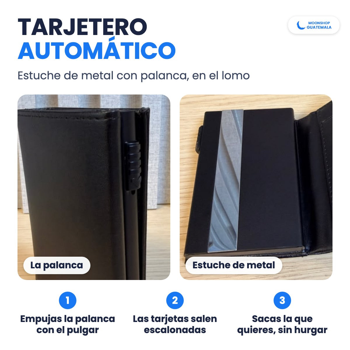 Tarjetero automático de la billetera: estuche de metal con palanca en el lomo; empujas la palanca y las tarjetas salen escalonadas