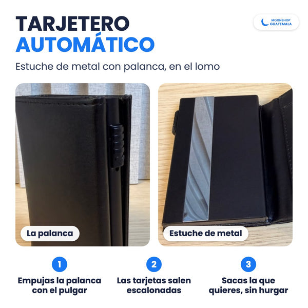 Tarjetero automático de la billetera: estuche de metal con palanca en el lomo; empujas la palanca y las tarjetas salen escalonadas