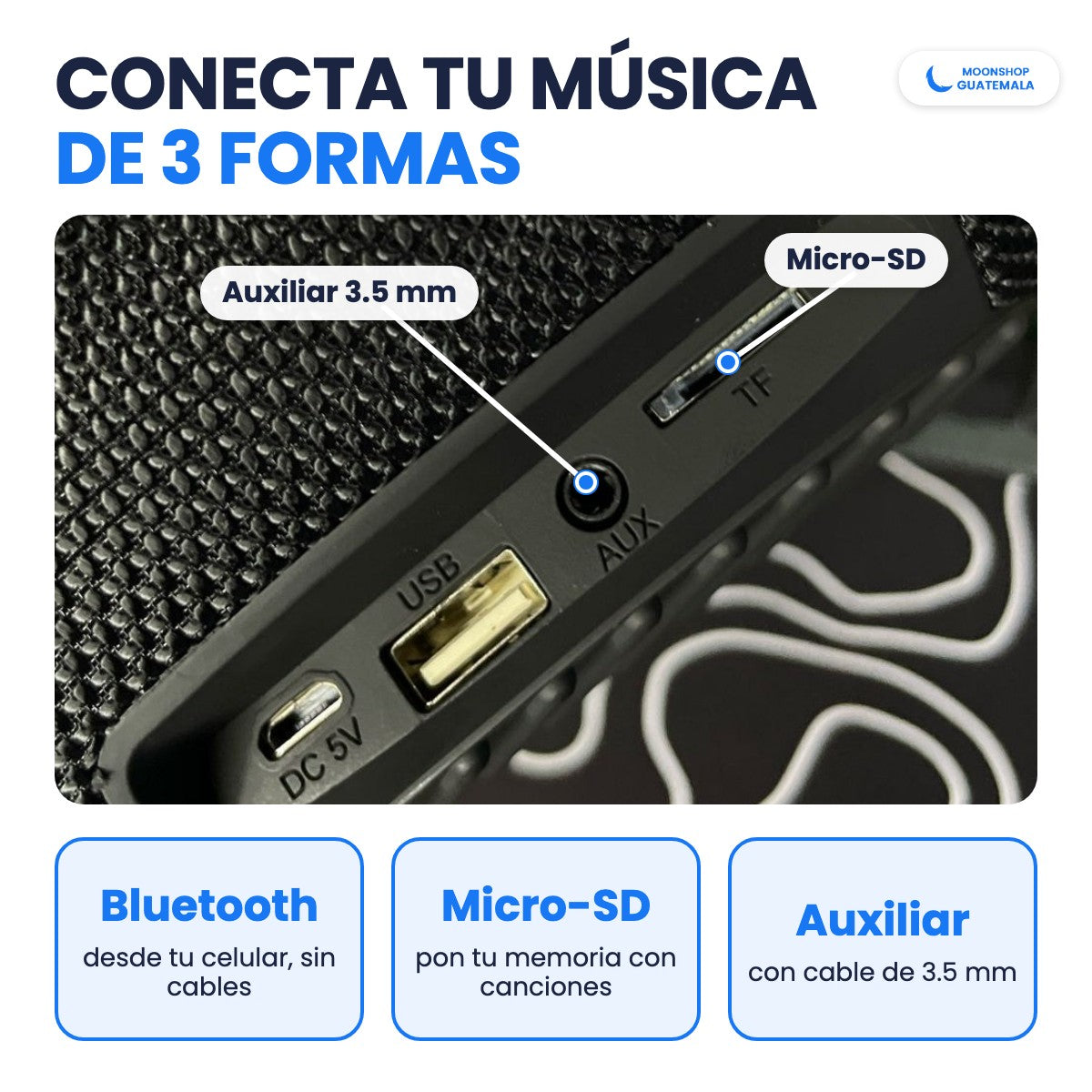 Entradas de la bocina XTREME 3: micro-SD y auxiliar de 3.5 mm, además de Bluetooth