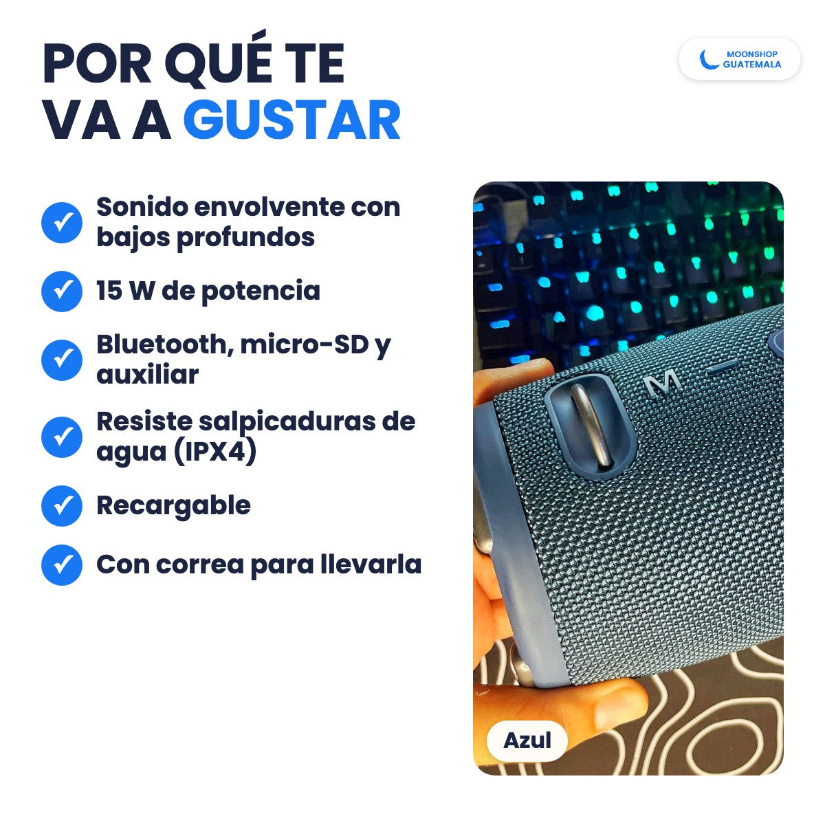 Bocina XTREME 3 azul: sonido envolvente con bajos profundos, 15 W, Bluetooth, micro-SD, auxiliar, resiste salpicaduras (IPX4) y recargable