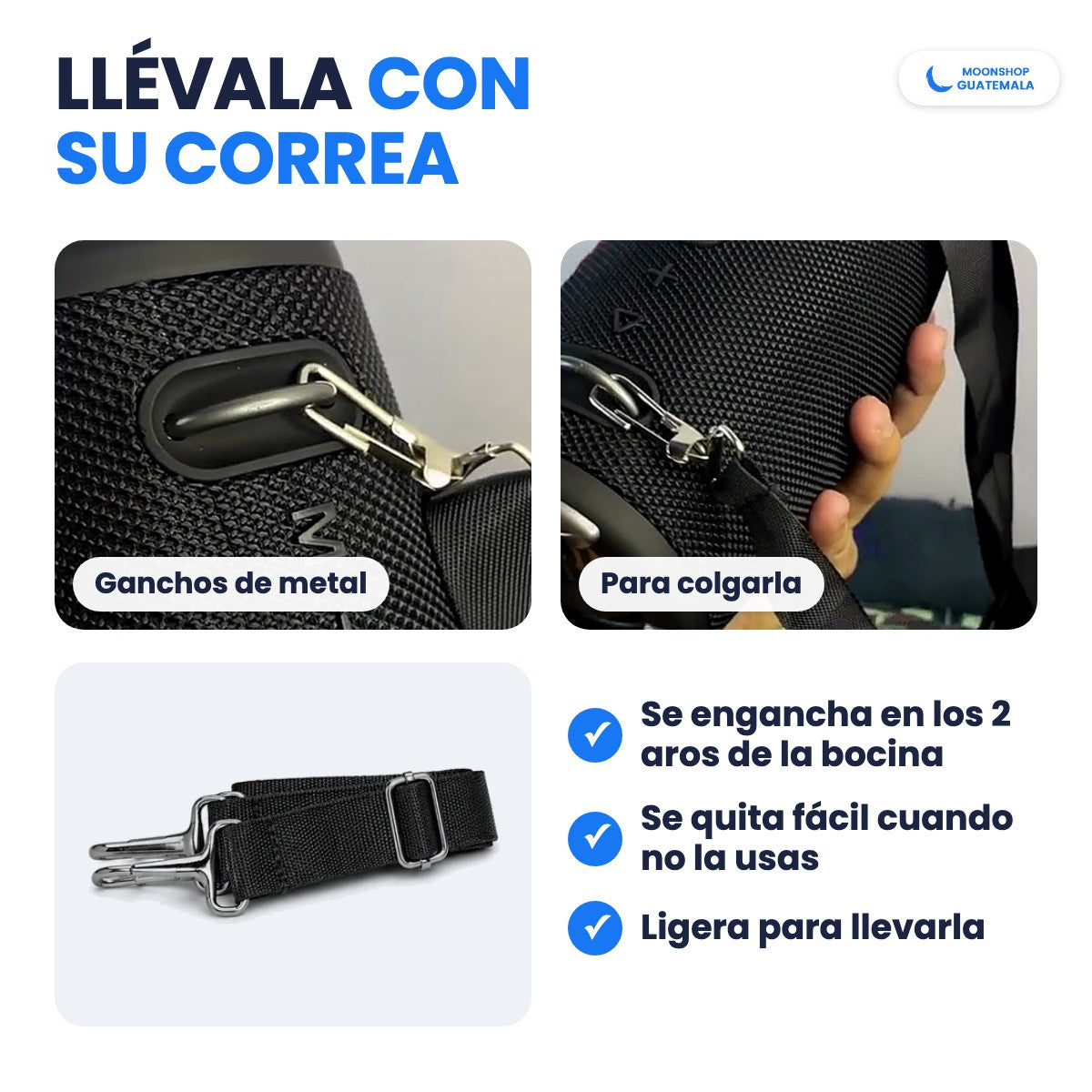 Correa con ganchos de metal enganchada en los aros de la bocina XTREME 3 para colgarla