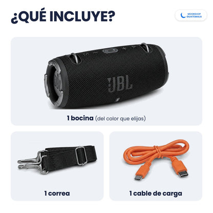 Qué incluye la bocina XTREME 3: 1 bocina, 1 correa y 1 cable de carga