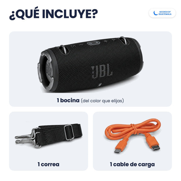 Qué incluye la bocina XTREME 3: 1 bocina, 1 correa y 1 cable de carga