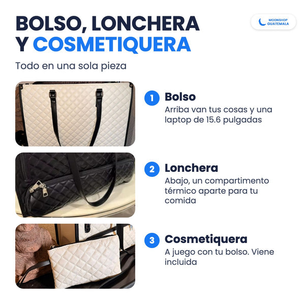 Bolso cartera con lonchera y cosmetiquera: arriba tus cosas y tu laptop, abajo el compartimento para comida